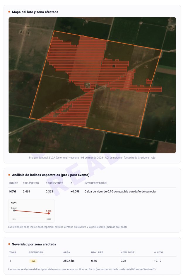 Mapa del lote con la zona afectada y análisis de índices